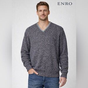 ENRO Men’s 100% Cotton Knit V-Neck‎ Sweater Tall XL Blue Textured